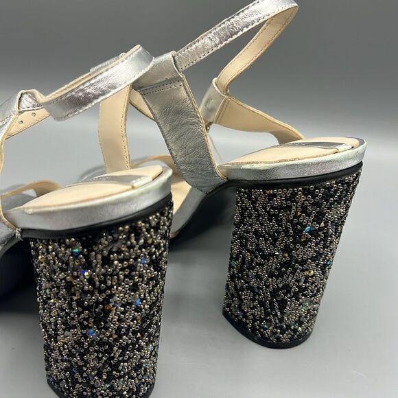 Zara Leather Silver Beaded Block Heels - Picture 6 of 9